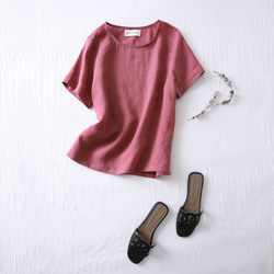 ★サンプルセール　1点のみ★2000円オフ★リネンブラウス　半袖Tシャツ　くすんだ紅色210406-12L(113) 1枚目の画像