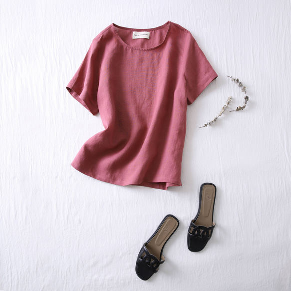 ★サンプルセール　1点のみ★2000円オフ★リネンブラウス　半袖Tシャツ　くすんだ紅色210406-12L(113) 1枚目の画像