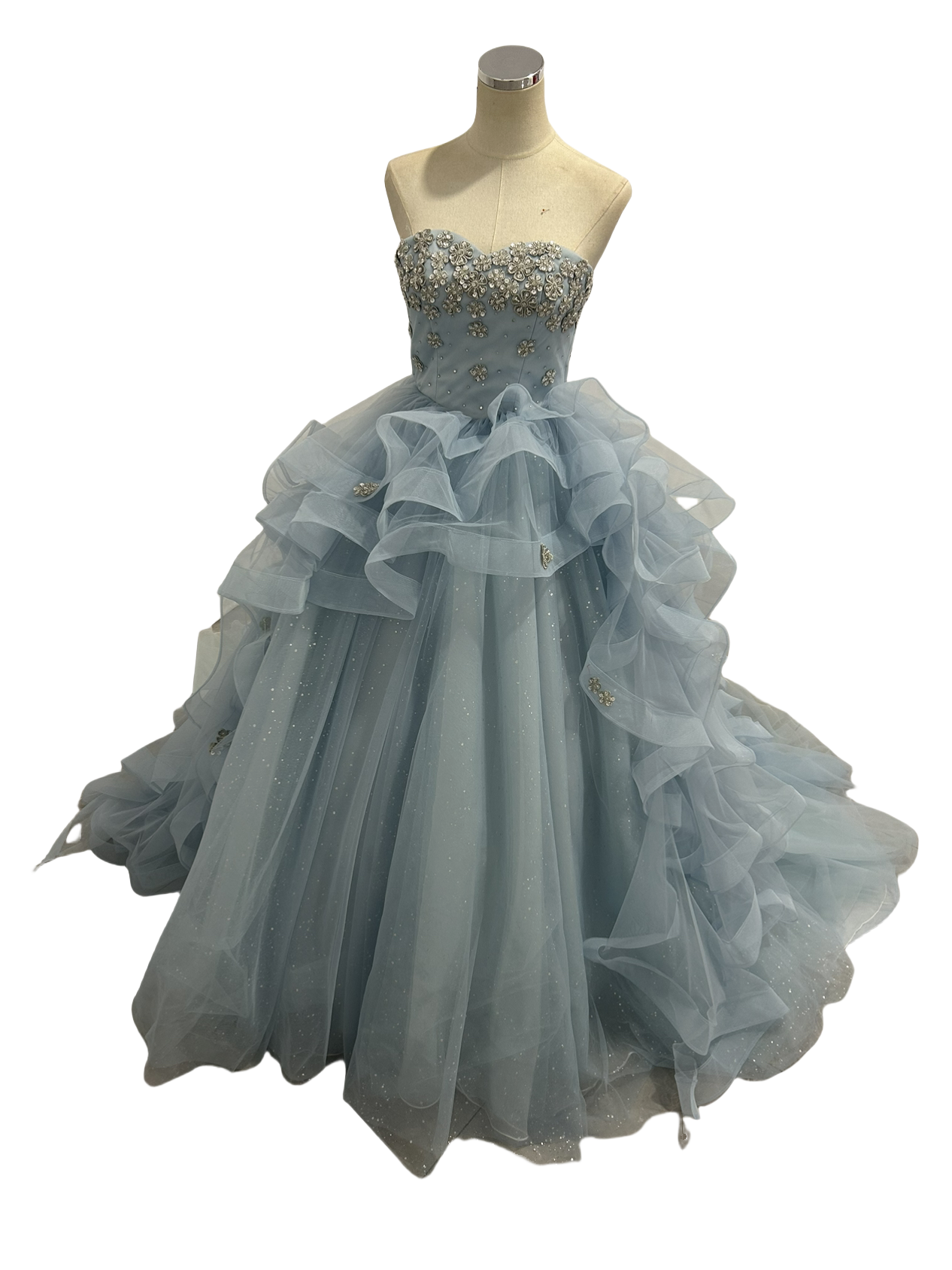 豪華！ 爽やかで優しいブルー カラードレス 3D立体レース刺繍 ラッフルフリル デザイン感 花嫁 ブライダル