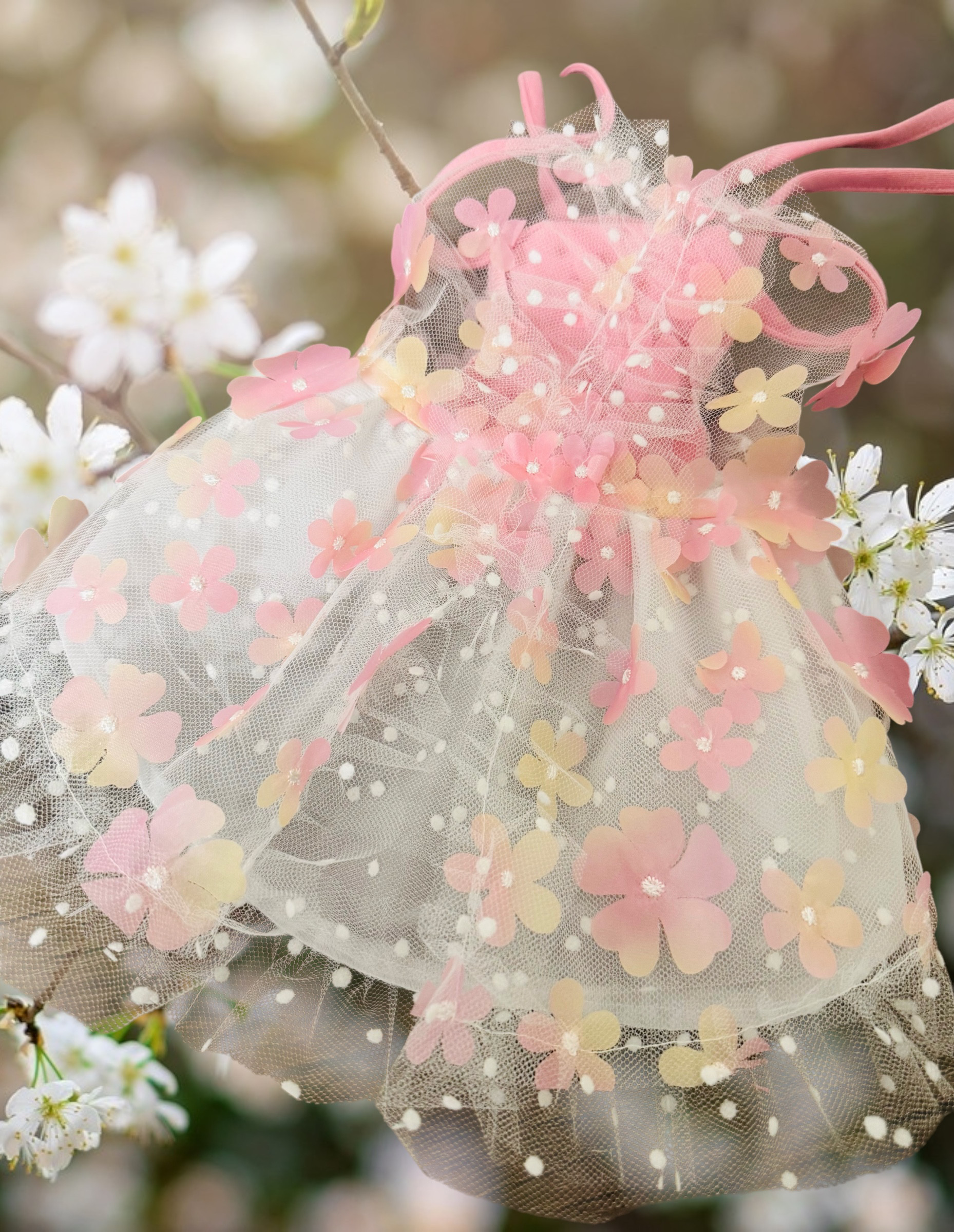 犬服／猫服　立体お花チュールレースワンピース　ピンク/黄色 [OP902