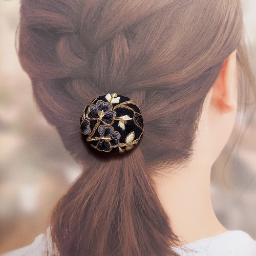 国産ヘアゴム使用】インド刺繍リボンのくるみボタンヘアゴム LLサイズ