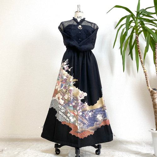 大人可愛いセレブ着物スカートフリーサイズ黒留袖着物リメイクロングスカート5716 大人可愛いセレブ着物スカートフリーサイズ黒留袖着物リメイク