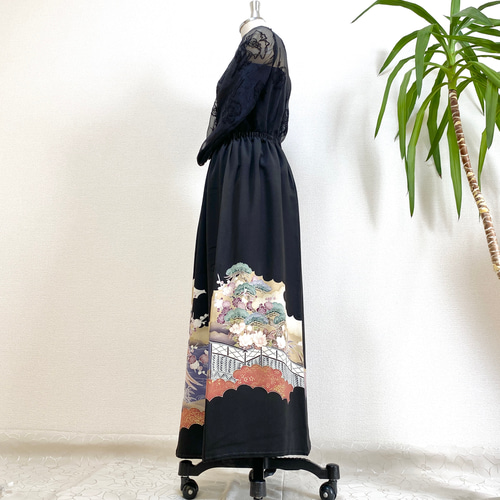 大人可愛いセレブ着物スカートフリーサイズ黒留袖着物リメイクロングスカート5661 大人可愛いセレブ着物スカートフリーサイズ黒留袖着物リメイク