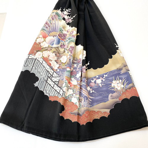 大人可愛いセレブ着物スカートフリーサイズ黒留袖着物リメイクロングスカート5661 大人可愛いセレブ着物スカートフリーサイズ黒留袖着物リメイク