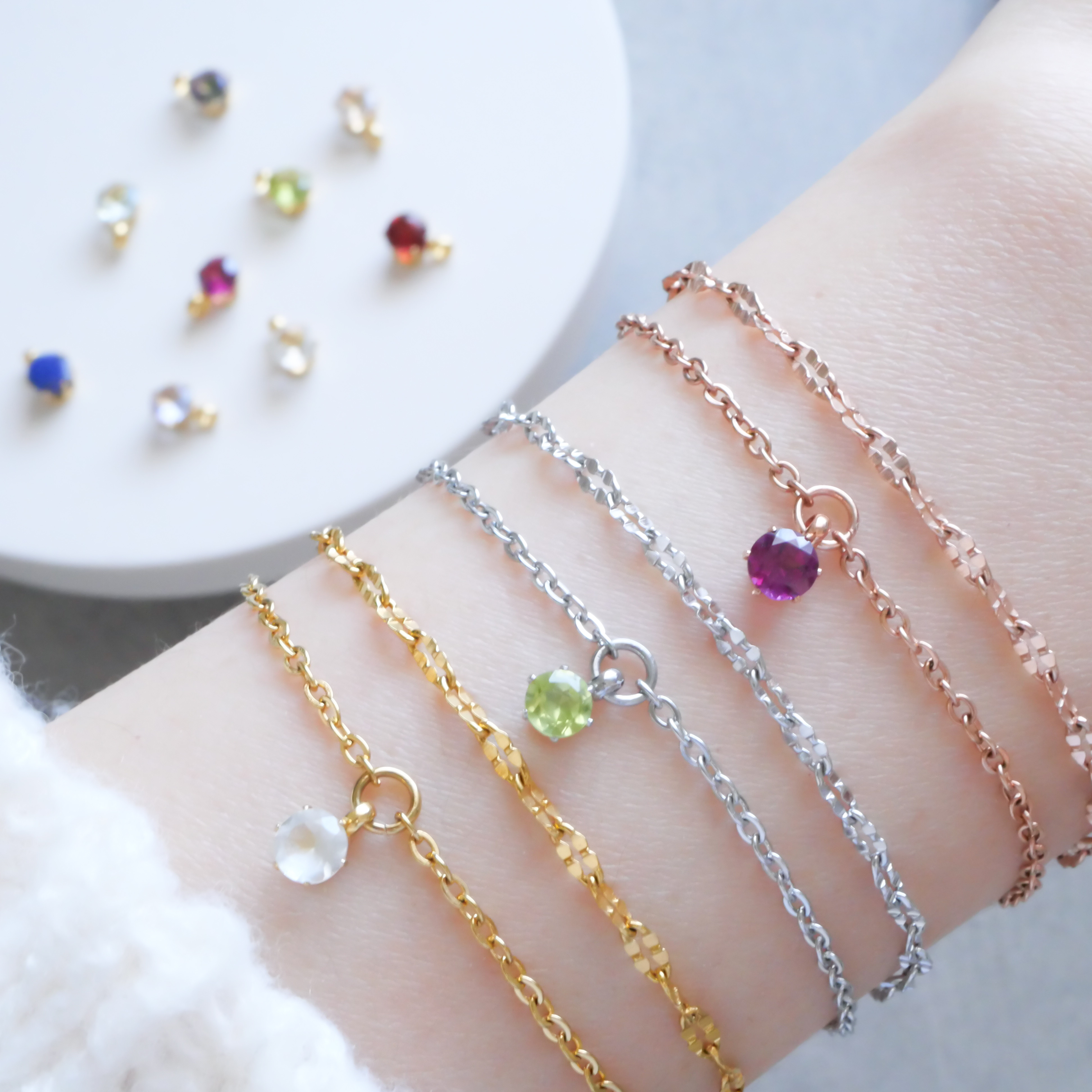 選べる誕生石ブレスレットセット　天然石　ゴールド　シルバー　ピンクゴールド　サージカルステンレス　金属アレルギー対応