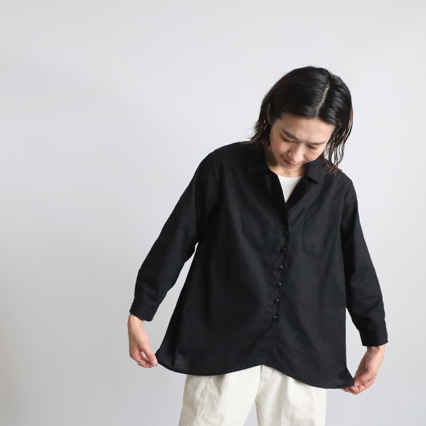 ⁂ラスト３　春うららＳＡＬＥ　上質ギマ擬麻コットン　変形ラウンドヘム 裾 シャツ ジャケット 前開き 胸ポケット黒R16