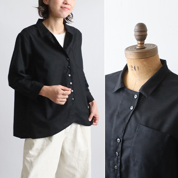⁂ラスト３　春うららＳＡＬＥ　上質ギマ擬麻コットン　変形ラウンドヘム 裾 シャツ ジャケット 前開き 胸ポケット黒R16
