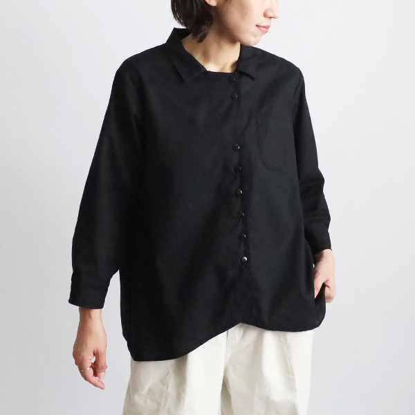 ⁂ラスト３　春うららＳＡＬＥ　上質ギマ擬麻コットン　変形ラウンドヘム 裾 シャツ ジャケット 前開き 胸ポケット黒R16