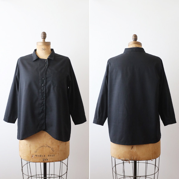 ⁂ラスト３　春うららＳＡＬＥ　上質ギマ擬麻コットン　変形ラウンドヘム 裾 シャツ ジャケット 前開き 胸ポケット黒R16