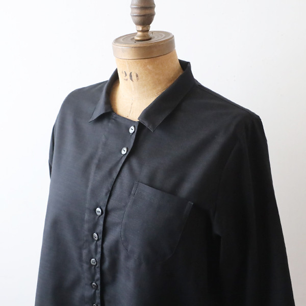 ⁂ラスト３　春うららＳＡＬＥ　上質ギマ擬麻コットン　変形ラウンドヘム 裾 シャツ ジャケット 前開き 胸ポケット黒R16