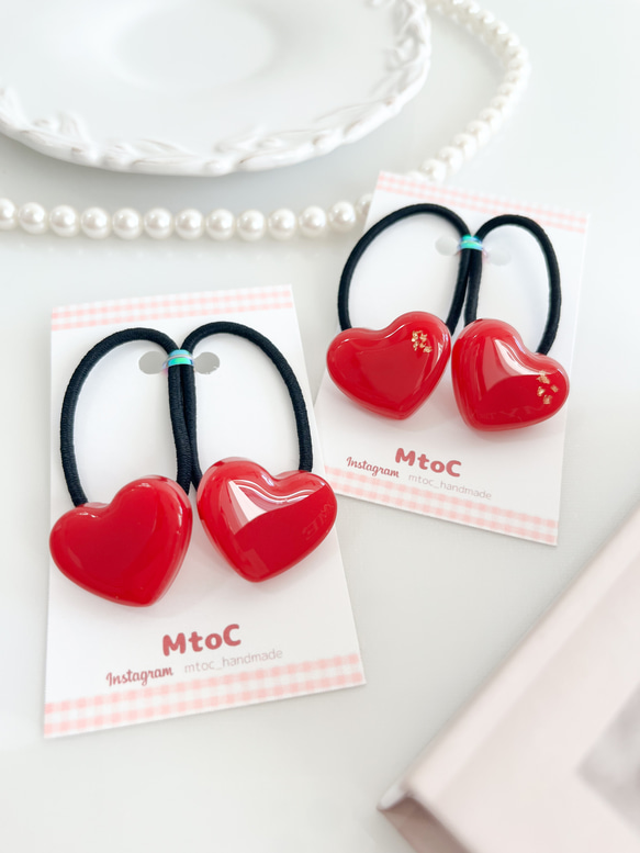 レジンヘアゴム ハート 桜 バイカラー 真紅 レッド ホワイト キラキラ