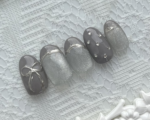 マグネットネイル キラキラ リボン フレンチミラー リボン ジェル