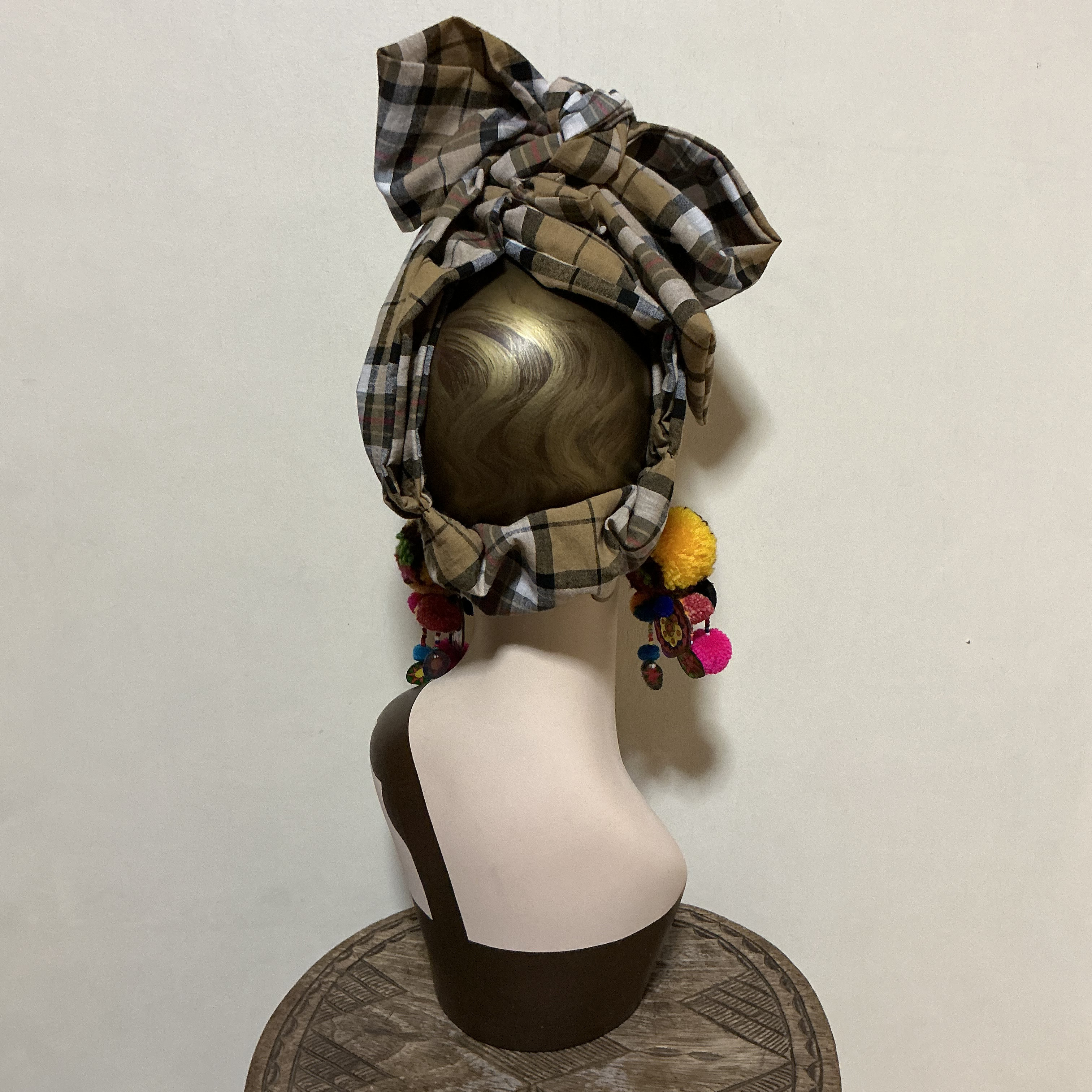 チェック柄　綿麻　7way  ヘアーバンド ヘアバンド  ヘアターバン　ボヘミアン　ナチュラル