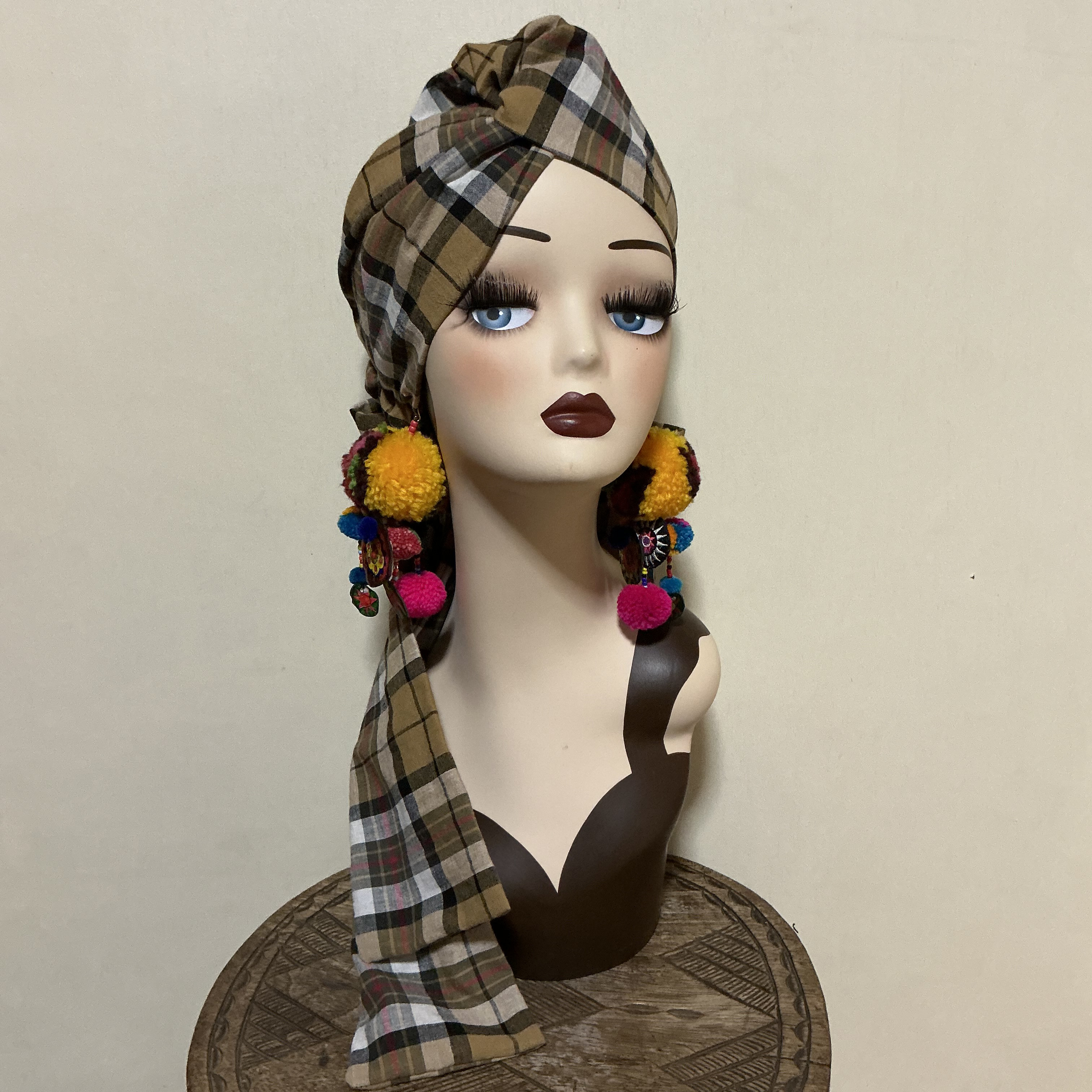 チェック柄　綿麻　7way  ヘアーバンド ヘアバンド  ヘアターバン　ボヘミアン　ナチュラル