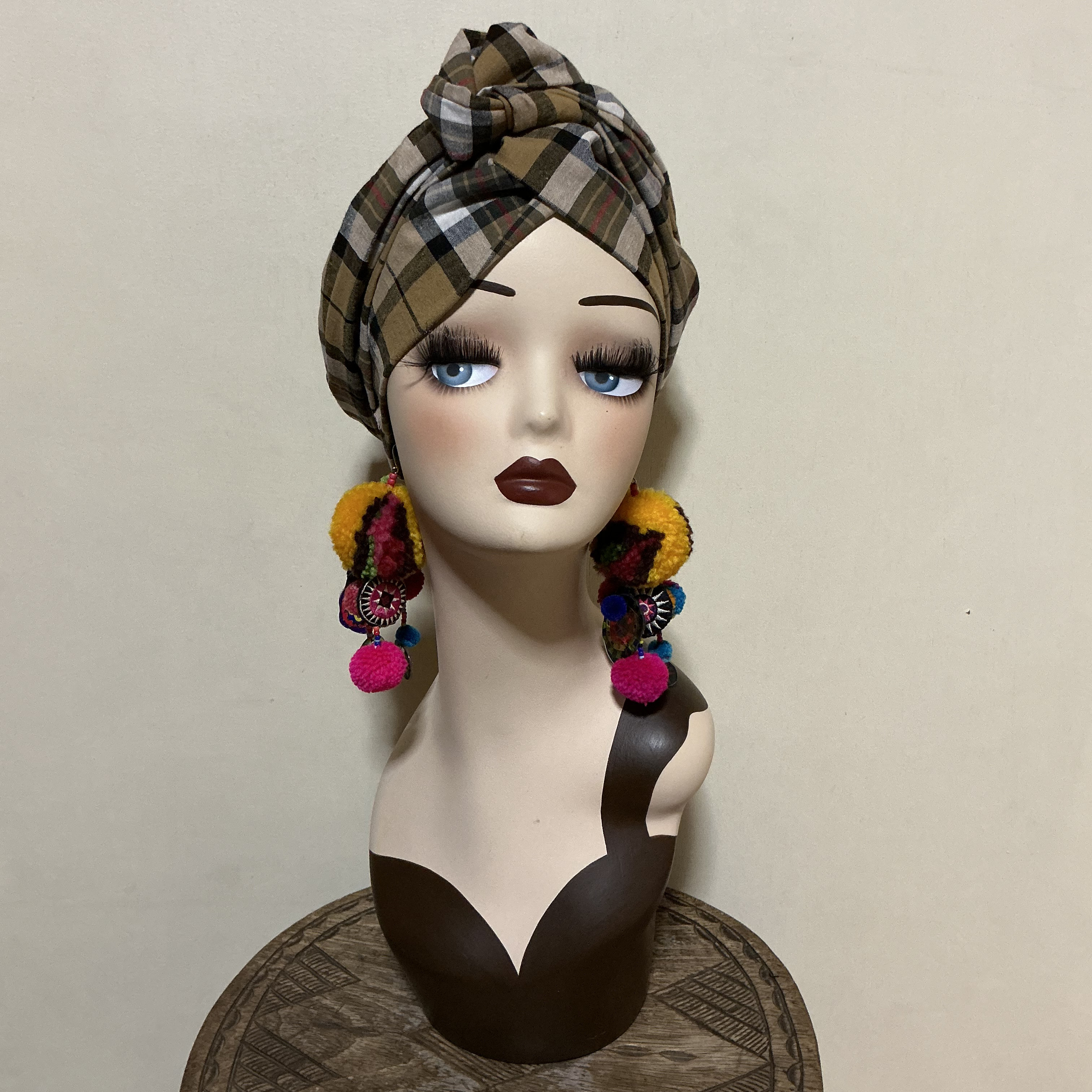 チェック柄　綿麻　7way  ヘアーバンド ヘアバンド  ヘアターバン　ボヘミアン　ナチュラル