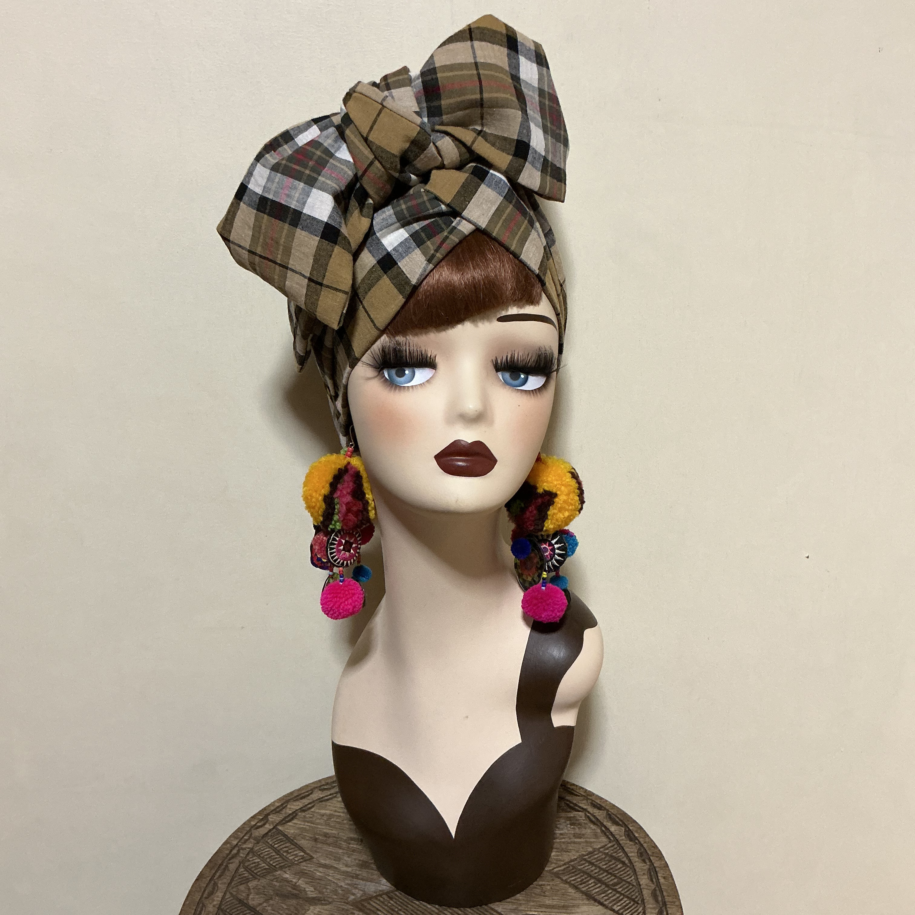 チェック柄　綿麻　7way  ヘアーバンド ヘアバンド  ヘアターバン　ボヘミアン　ナチュラル