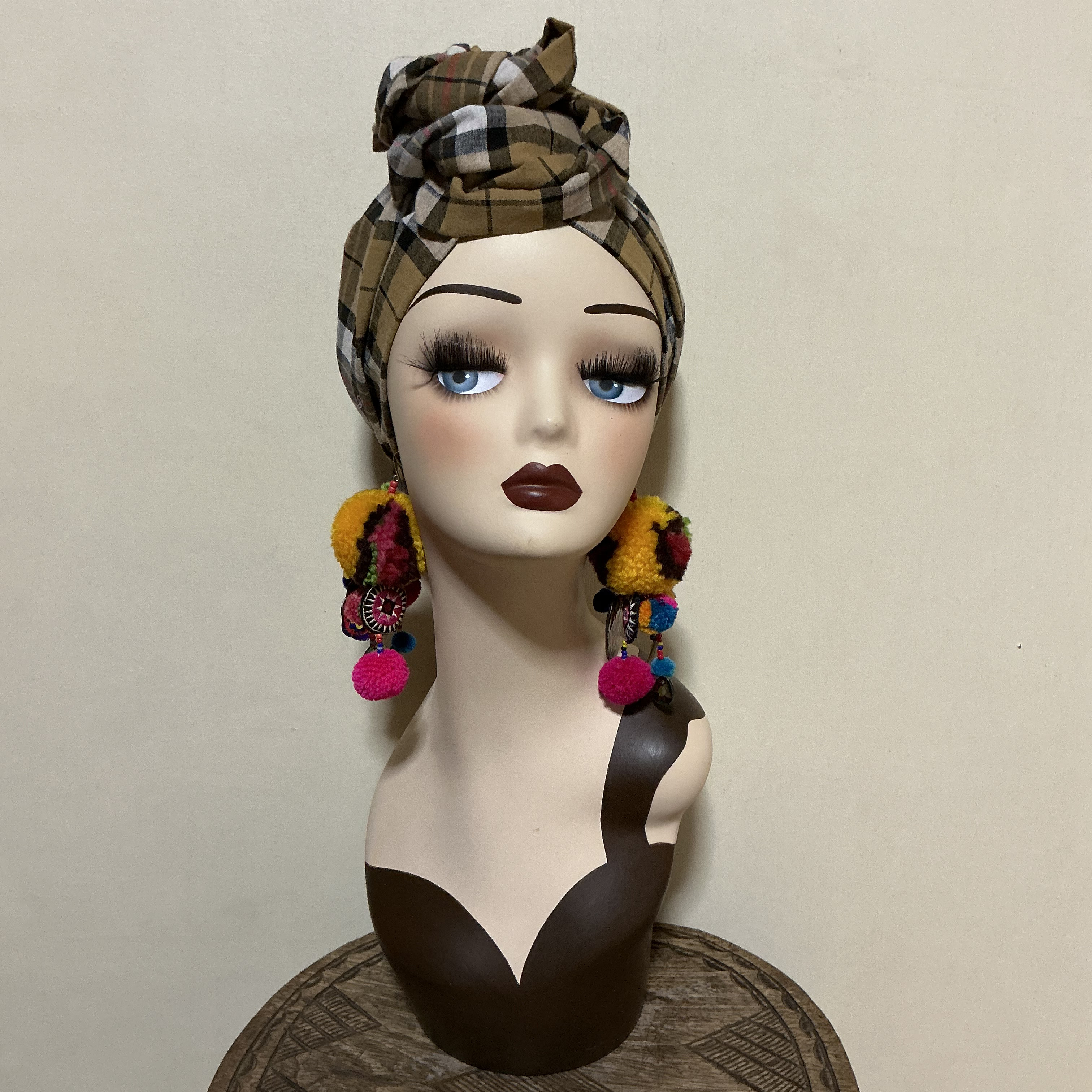 チェック柄　綿麻　7way  ヘアーバンド ヘアバンド  ヘアターバン　ボヘミアン　ナチュラル