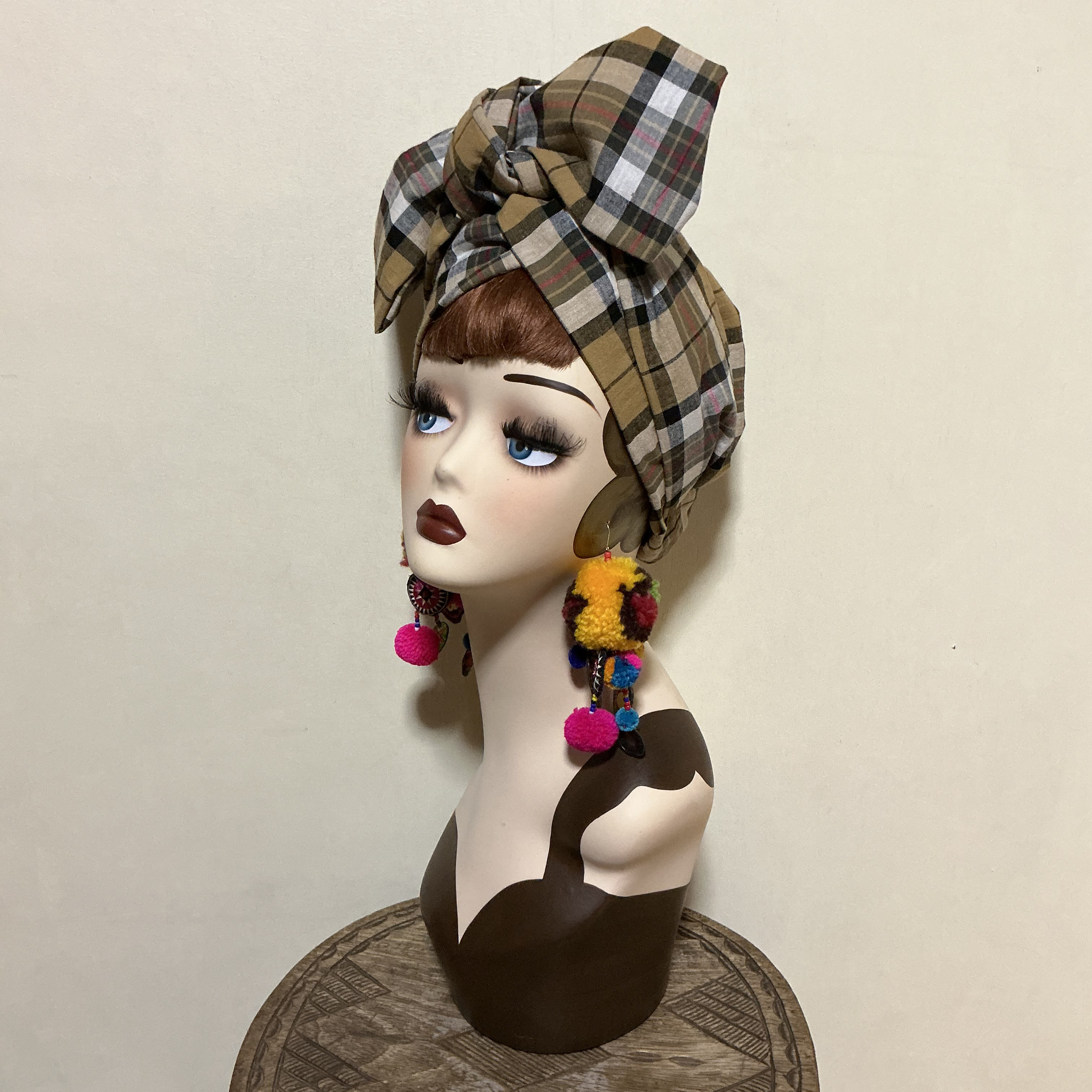 チェック柄　綿麻　7way  ヘアーバンド ヘアバンド  ヘアターバン　ボヘミアン　ナチュラル