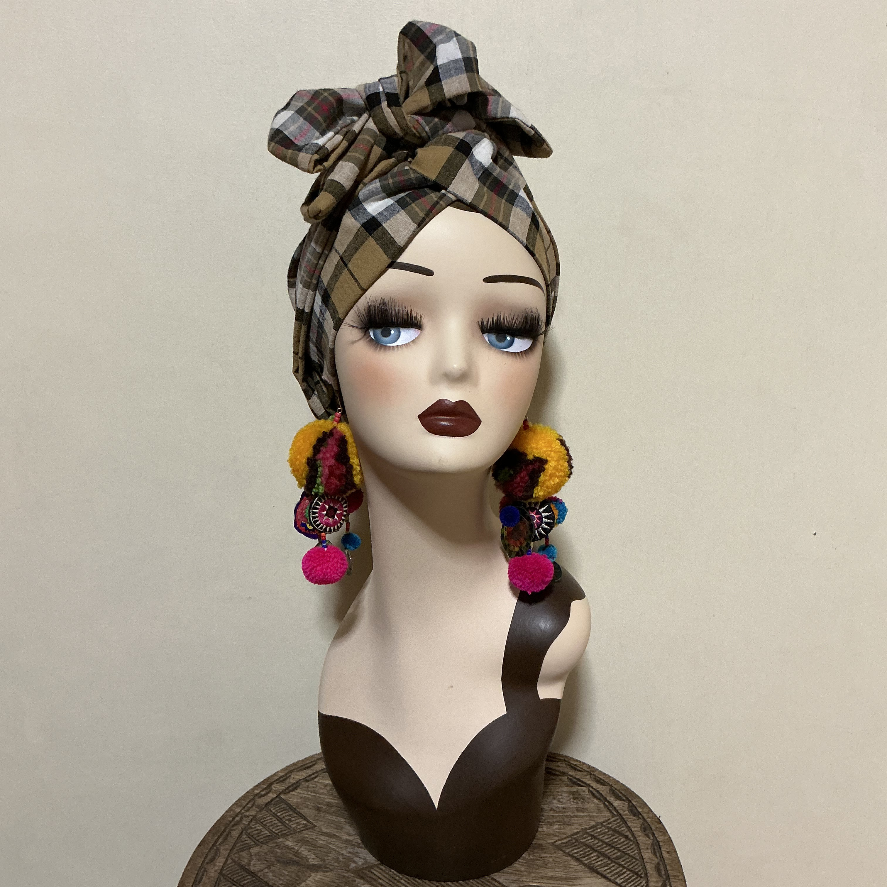 チェック柄　綿麻　7way  ヘアーバンド ヘアバンド  ヘアターバン　ボヘミアン　ナチュラル