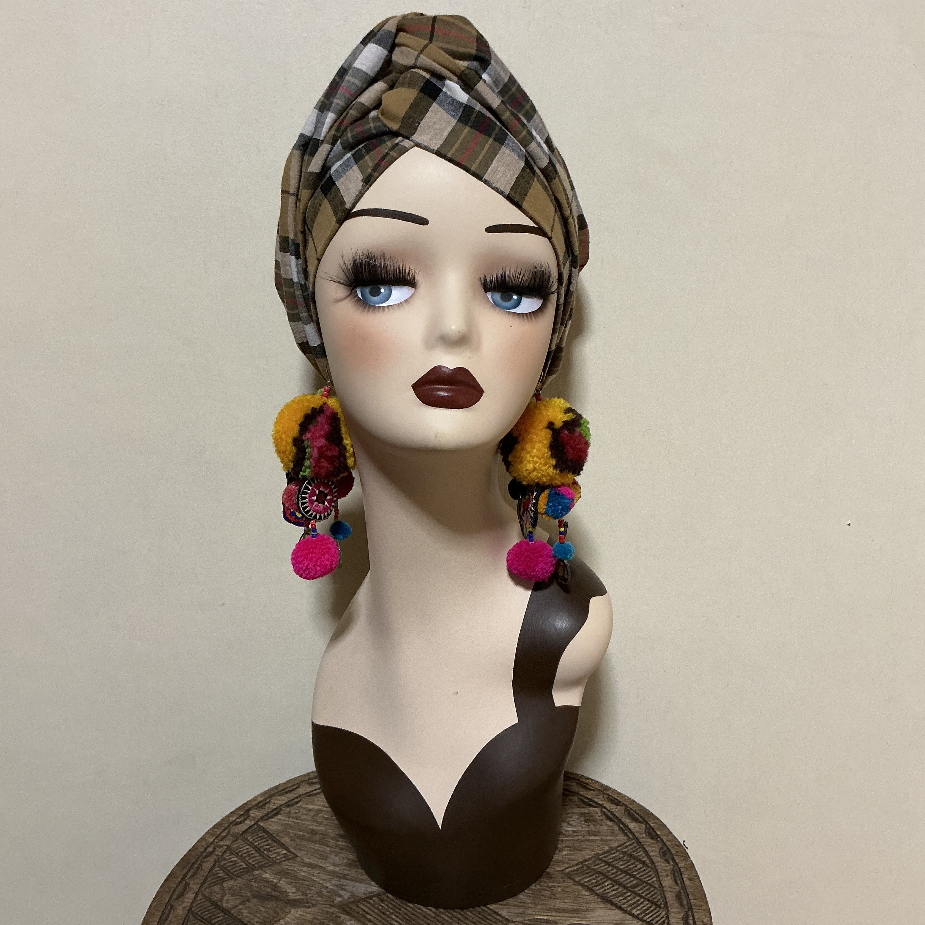 チェック柄　綿麻　7way  ヘアーバンド ヘアバンド  ヘアターバン　ボヘミアン　ナチュラル