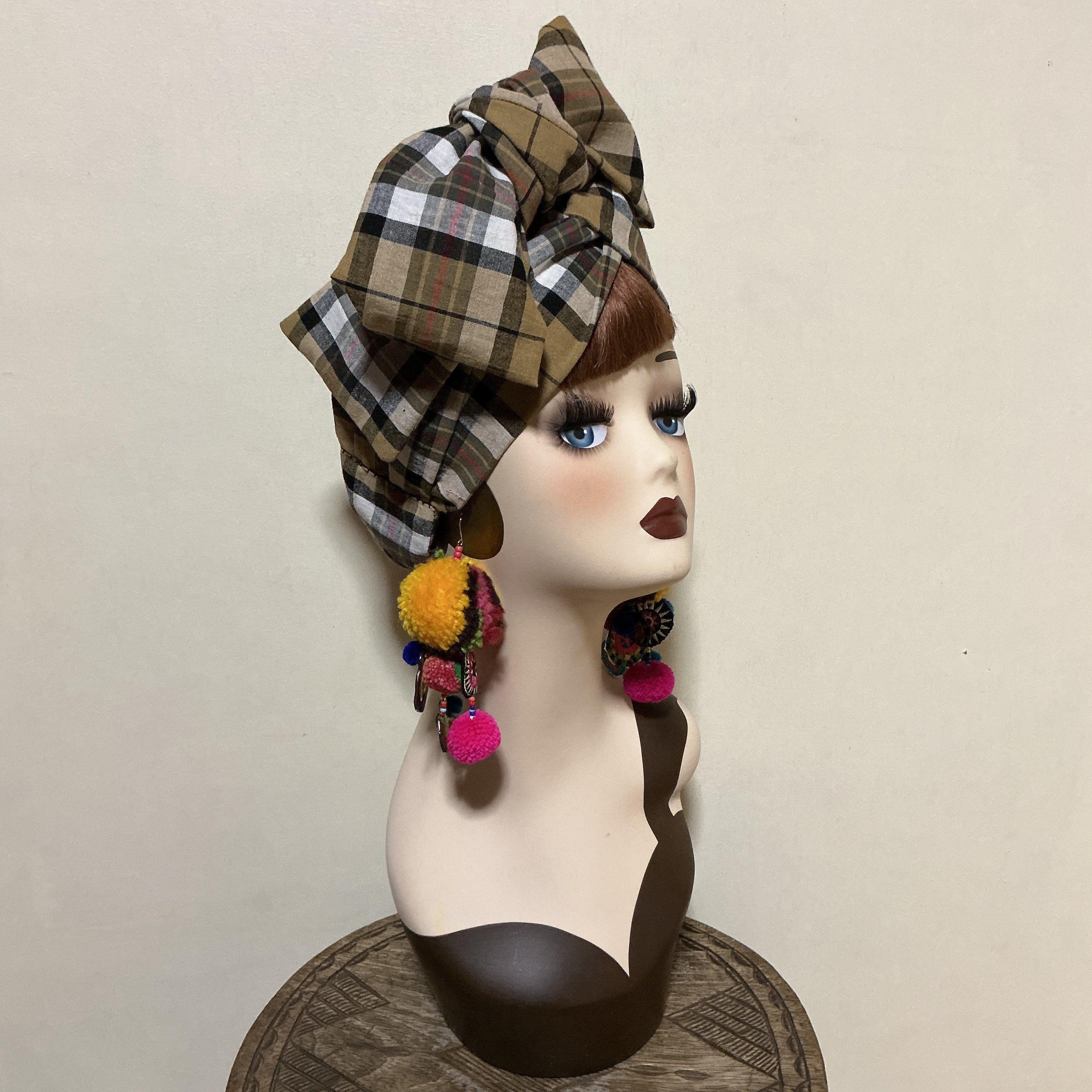 チェック柄　綿麻　7way  ヘアーバンド ヘアバンド  ヘアターバン　ボヘミアン　ナチュラル