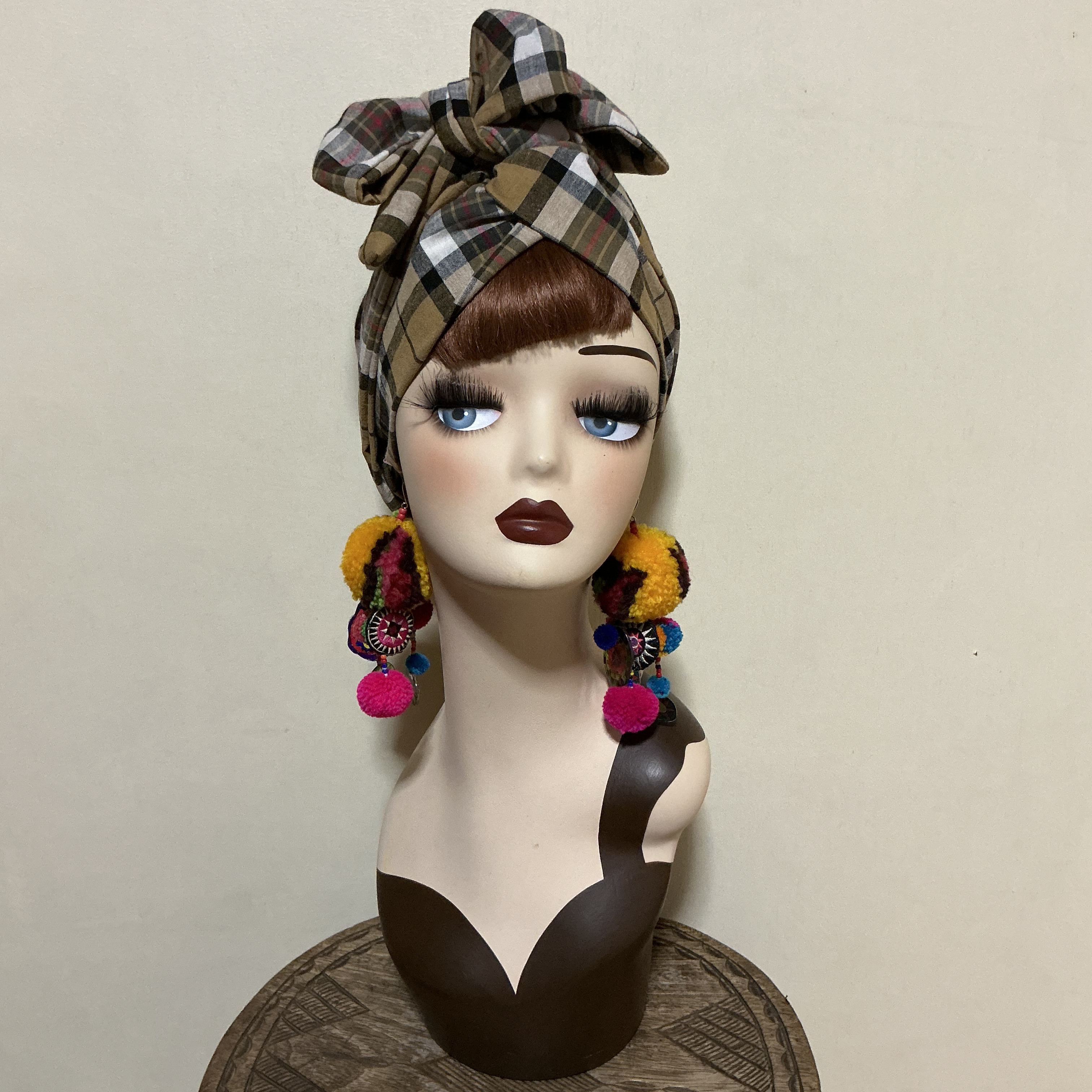 チェック柄　綿麻　7way  ヘアーバンド ヘアバンド  ヘアターバン　ボヘミアン　ナチュラル