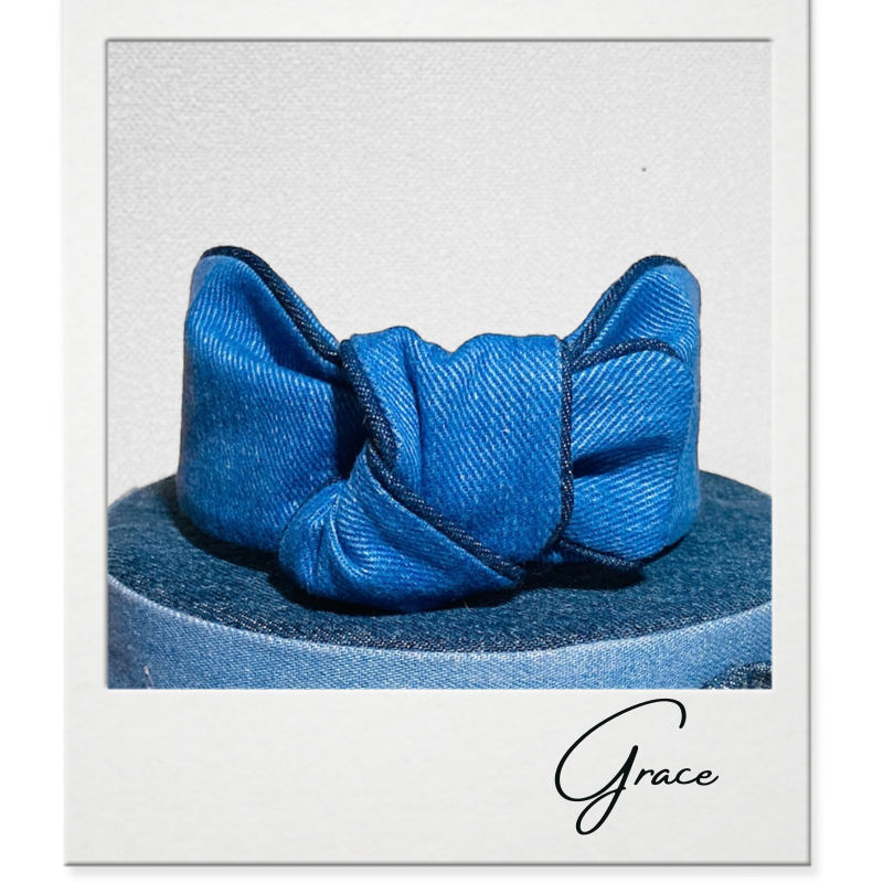 【カチューシャ  グレース  ボウ（幅広）】デニム　パイピング〈薄色〉