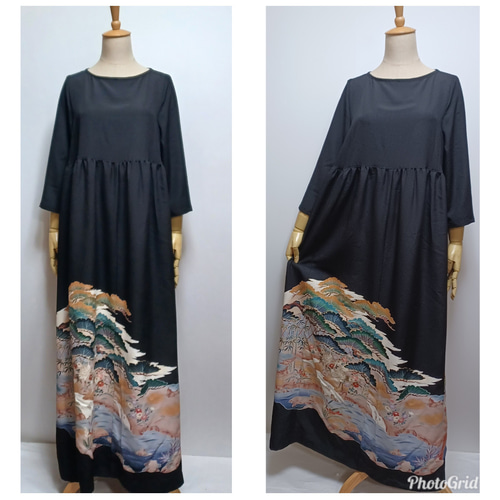 着物リメイク 留袖 落款有り 水辺に松 鶴柄 M ウエスト切り替え・七分