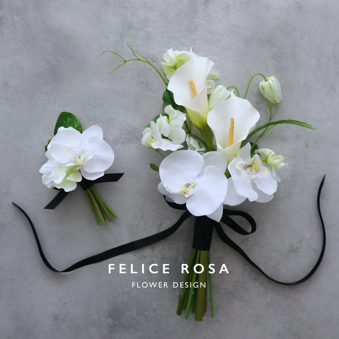 韓国ウェディングにぴったり　カラーと胡蝶蘭の洗練ブーケ　アーティフィシャルフラワー　高級造花　黄色　春婚　小さめ　個性的