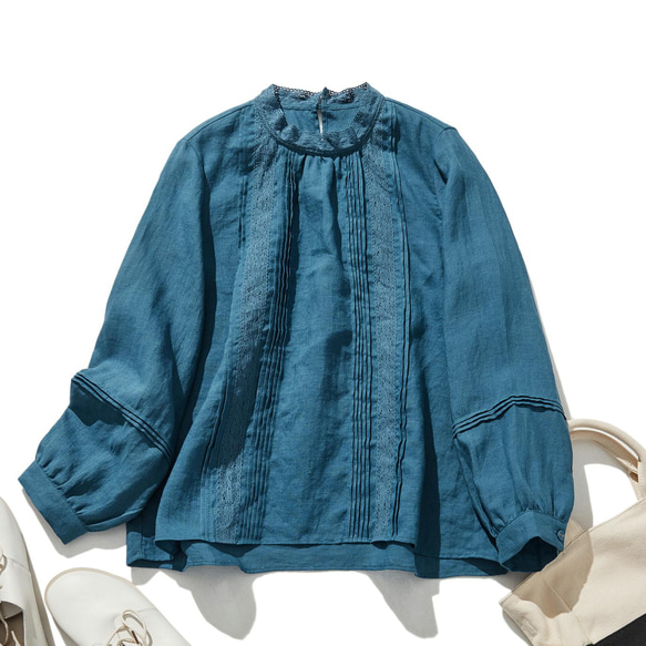 ★サンプルセール　1点のみ★3600円オフ★ブラウス　リネン ブラウス　孔雀青　240407-3(134) 1枚目の画像