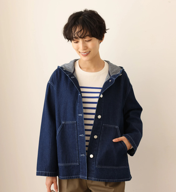 ★サンプルセール　1点のみ★2000円オフ★着回し力が高いデニムジャケット　フード付きアウター　コットン(135) 2枚目の画像