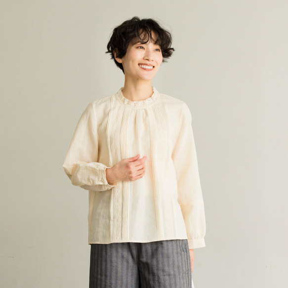★サンプルセール　1点のみ★3600円オフ★ブラウス　リネン ブラウス　淡い黄色　240407-1(143) 3枚目の画像