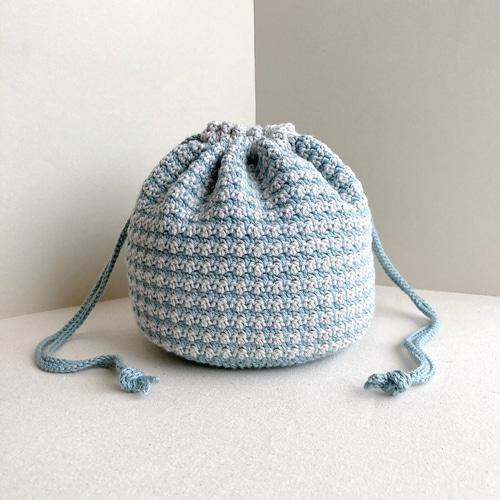 千鳥柄 ブルーミスト グレー コットン マチあり まる巾着 編み物