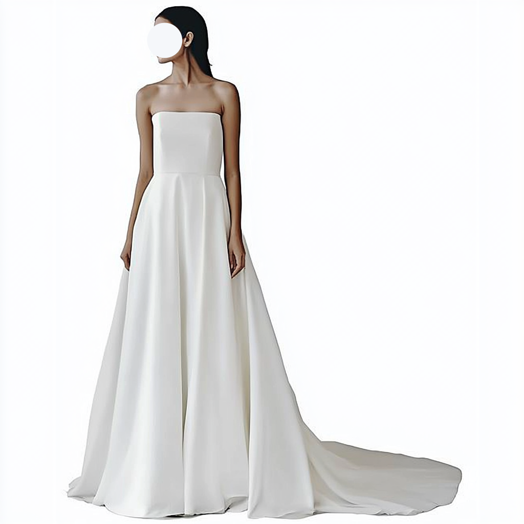 高級ウエディングドレス　オフホワイト　ベアトップ　シンプル　マット生地　上品　　前撮り　二次会　結婚式 披露宴