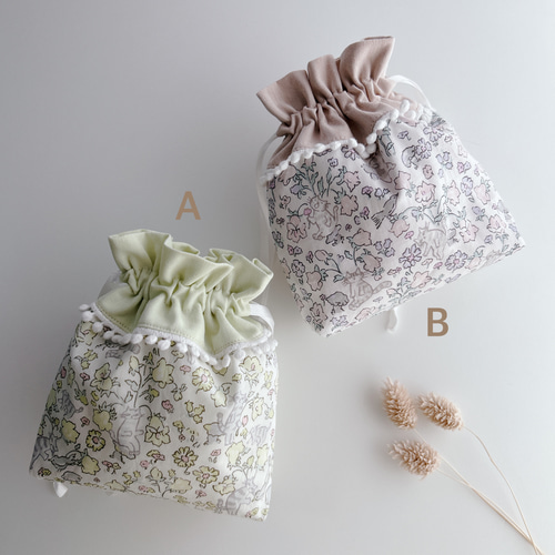 ponpon ribbon 巾着ポーチ】リバティ トラネコ リベンデール 2カラー