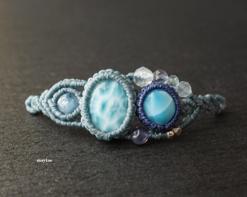 2つのラリマー＆アクアマリンの1点物マクラメブレスレット