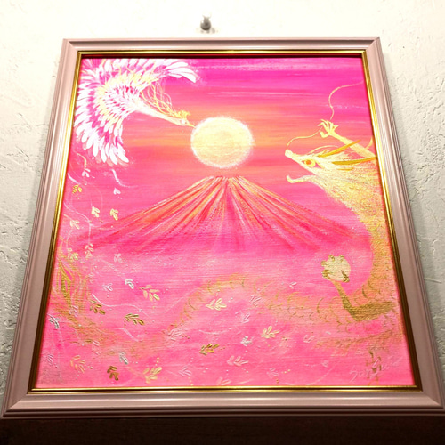 風水開運波動絵画＊虹光アート/春色満月と星光樹〜龍と鳳凰〜陰陽太極図　人間関係 風水波動絵画＊龍体フトマニ図 鳳凰龍縁～龍体文字 金の引き