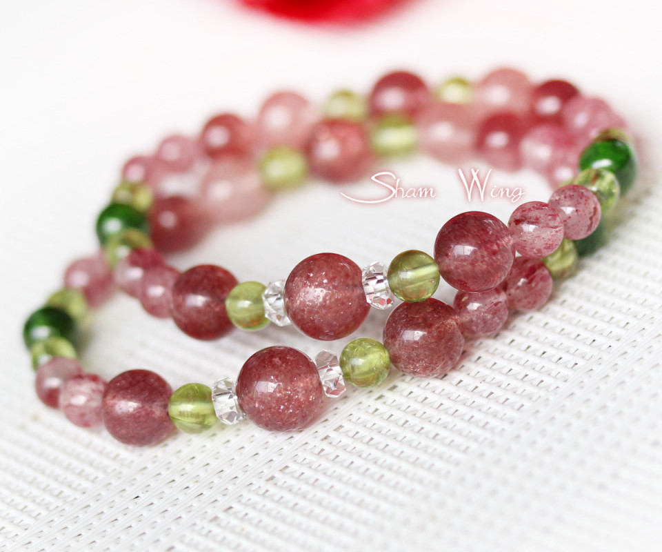 高品質ストロベリークォーツ＆ペリドットブレスレット 1本いちご狩り天然石✿