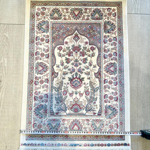 ヘレケ絨毯花柄風ハイブリッドシルク玄関マット 約48cm x 70cm