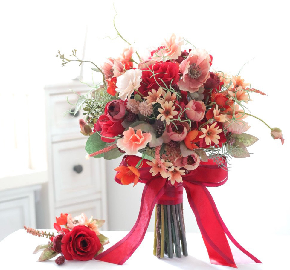 薔薇とポピーの　ウェディングブーケ　ブートニアセット