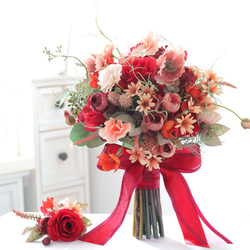 赤薔薇 キャスケードブーケ ブートニアセット ウェディングブーケ
