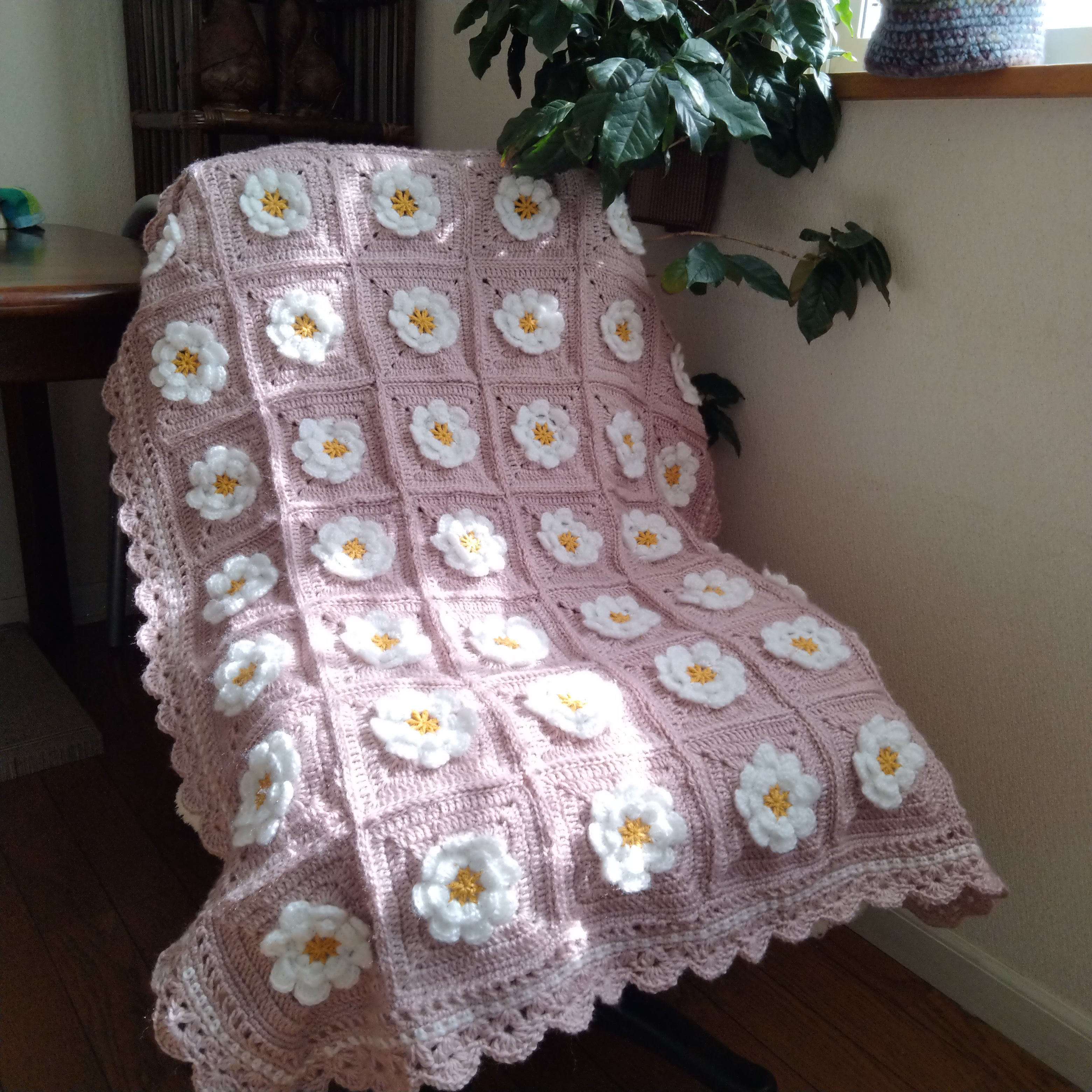 【秋冬】お花モチーフブランケット＃ダスティピンク＃大人可い