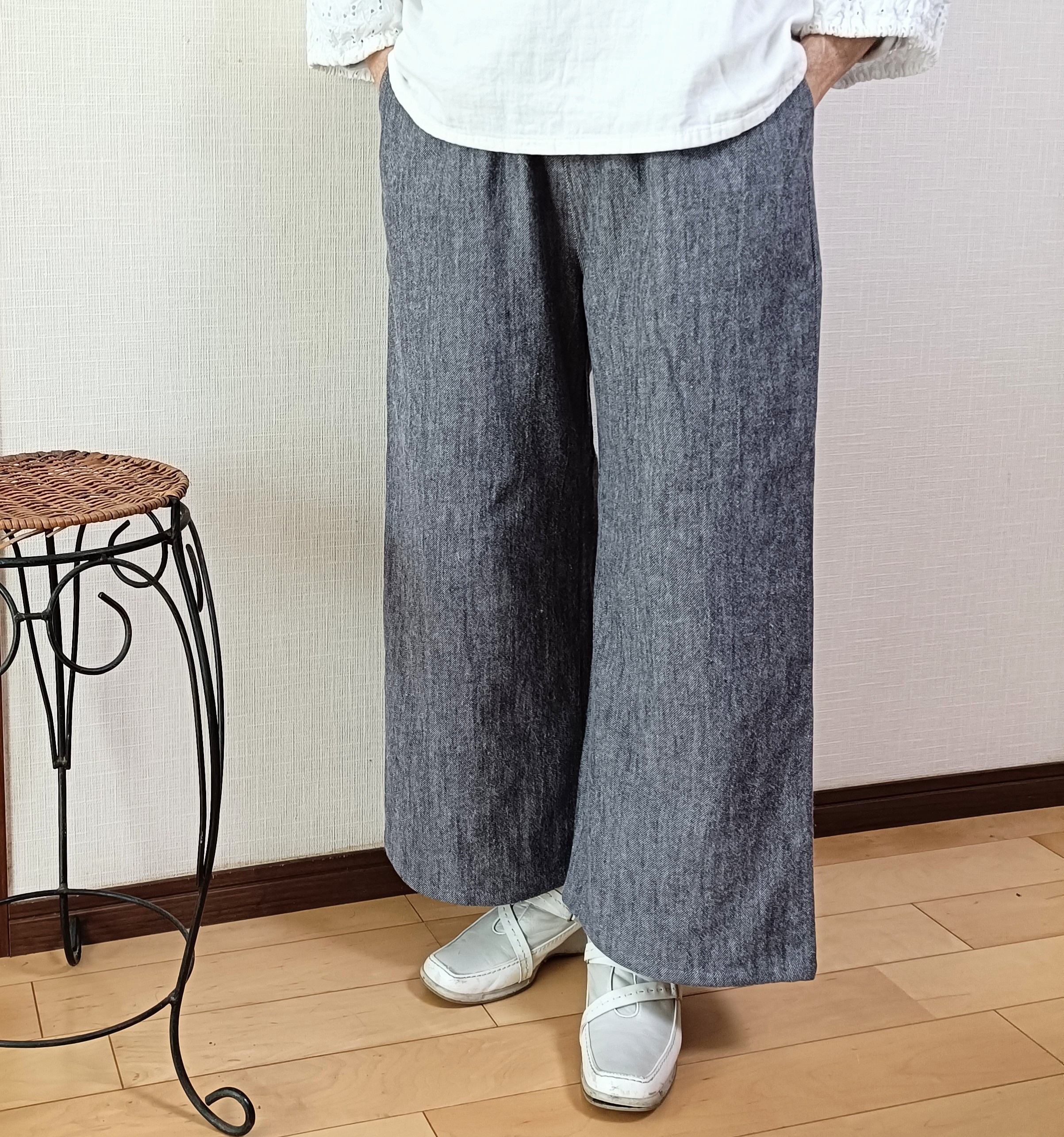 丈変更可☆ 　ワイドストレートパンツ　柔らか！ソフトデニム　ニュアンスネイビー　日本製　ウエスト総ゴム　両脇ポケット