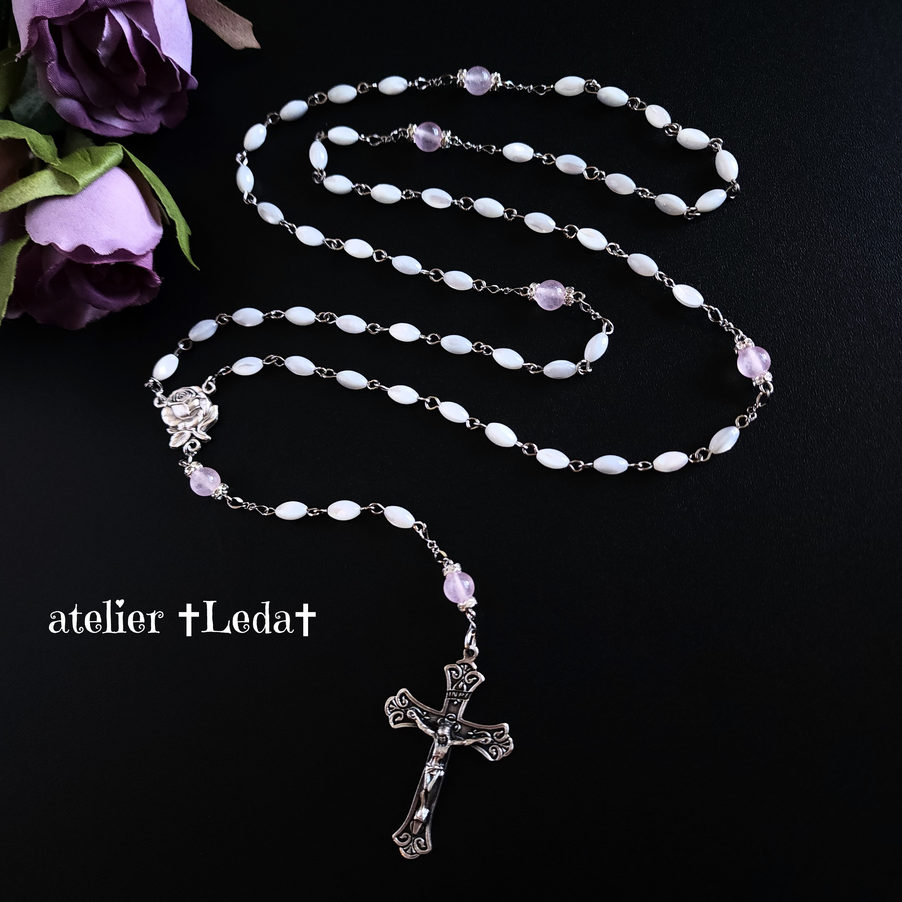 ☆ナツメ型マザーオブパール＆ピンクカルセドニー ロザリオ☆~Mother of Pearl~