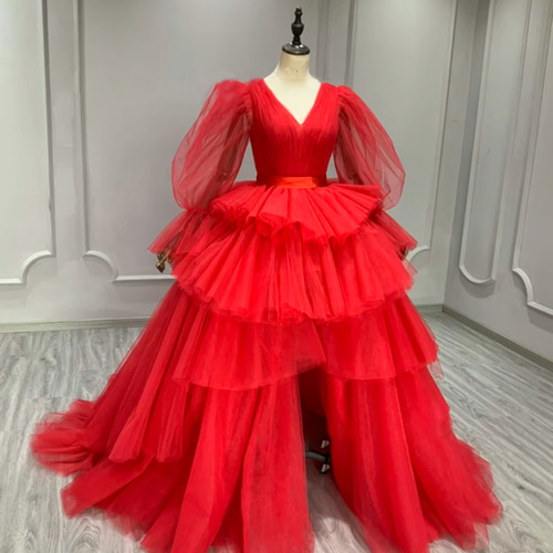 新作フィッシュテール 赤レッド ふんわりチュール お色直しカラー