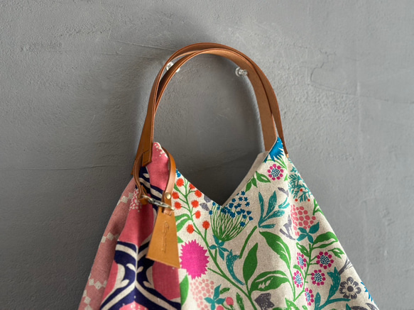 新作【再入荷】春色モダンでカッコいい！トライアングルバック　鳥パッチ綿麻ピンク【受注製作】 3枚目の画像