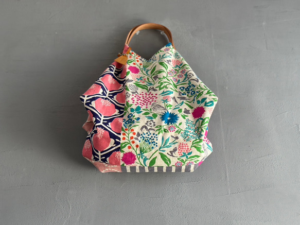 新作【再入荷】春色モダンでカッコいい！トライアングルバック　鳥パッチ綿麻ピンク【受注製作】 7枚目の画像