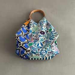 新作【人気につき入荷】青色モダンでカッコいい！トライアングルバック　鳥パッチ綿麻【受注製作】 3枚目の画像