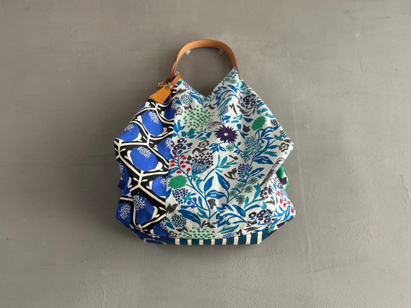 新作【人気につき入荷】青色モダンでカッコいい！トライアングルバック　鳥パッチ綿麻【受注製作】 3枚目の画像