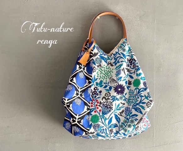 新作【人気につき入荷】青色モダンでカッコいい！トライアングルバック　鳥パッチ綿麻【受注製作】 1枚目の画像